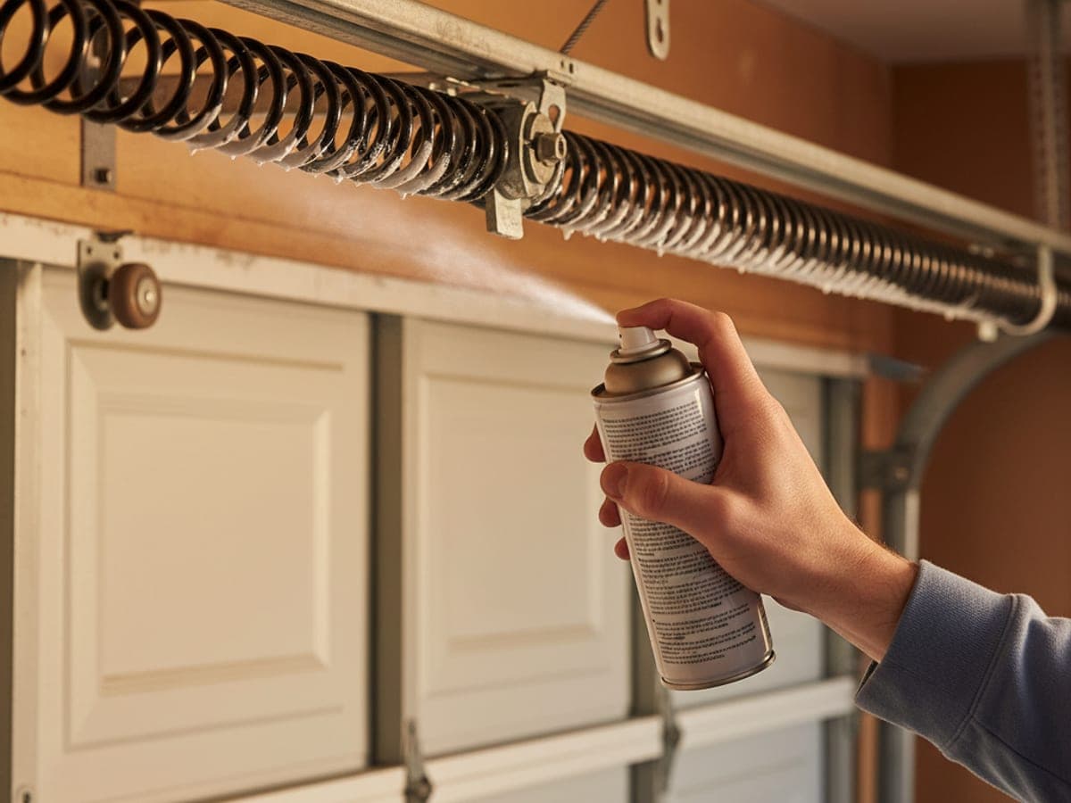 Close-up of white lithium grease being sprayed from an aerosol can onto a torsion spring shaft above a garage door