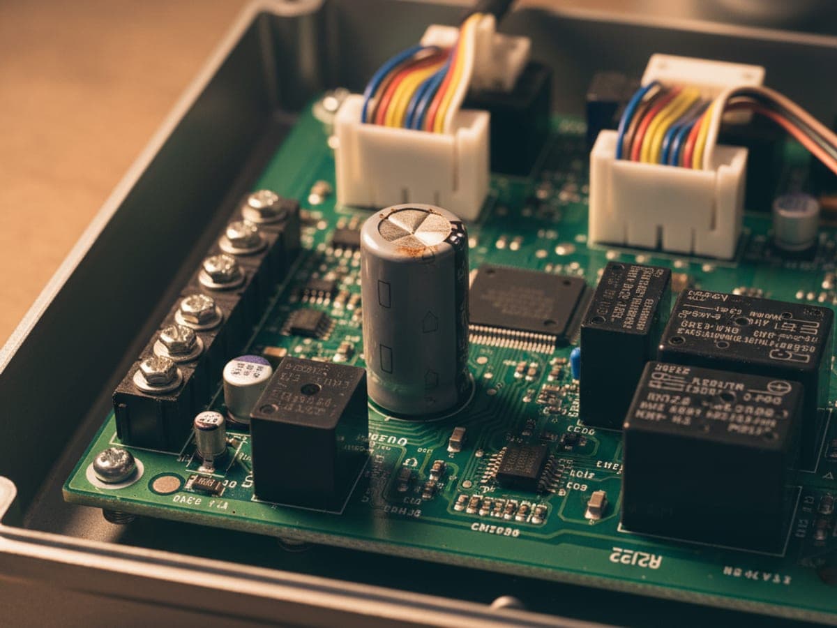 Close-up of an exposed logic board inside a garage door opener case showing a noticeably bulging electrolytic capacitor as a sign of failure