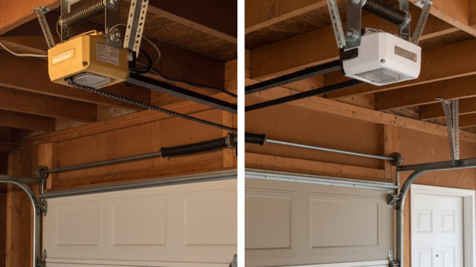 Garage door technician in a powder blue-gray polo mounting a new belt-drive opener to the ceiling of a San Diego garage