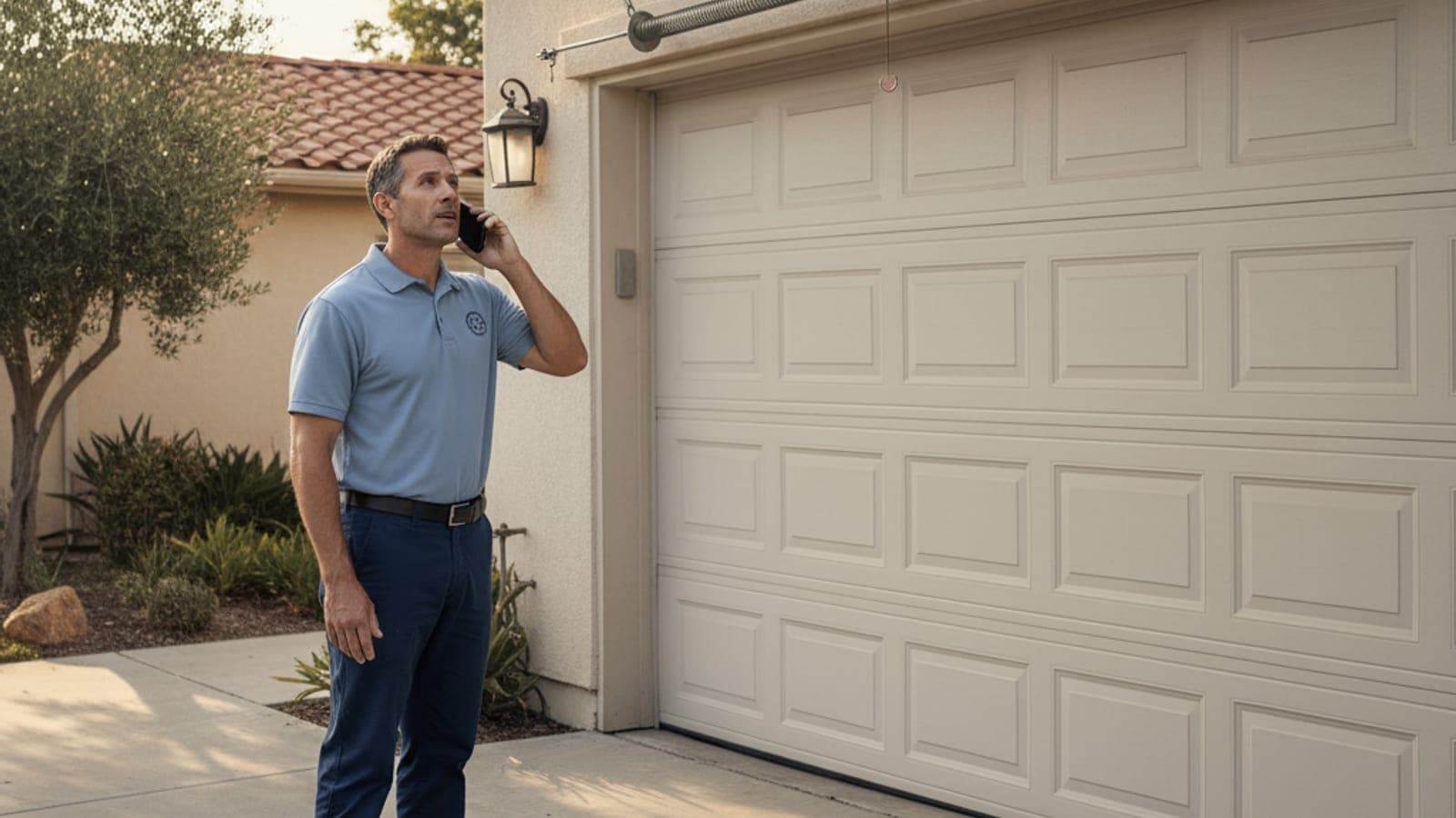 Homeowner in a San Diego driveway looking at a light-colored sectional garage door stuck partway open