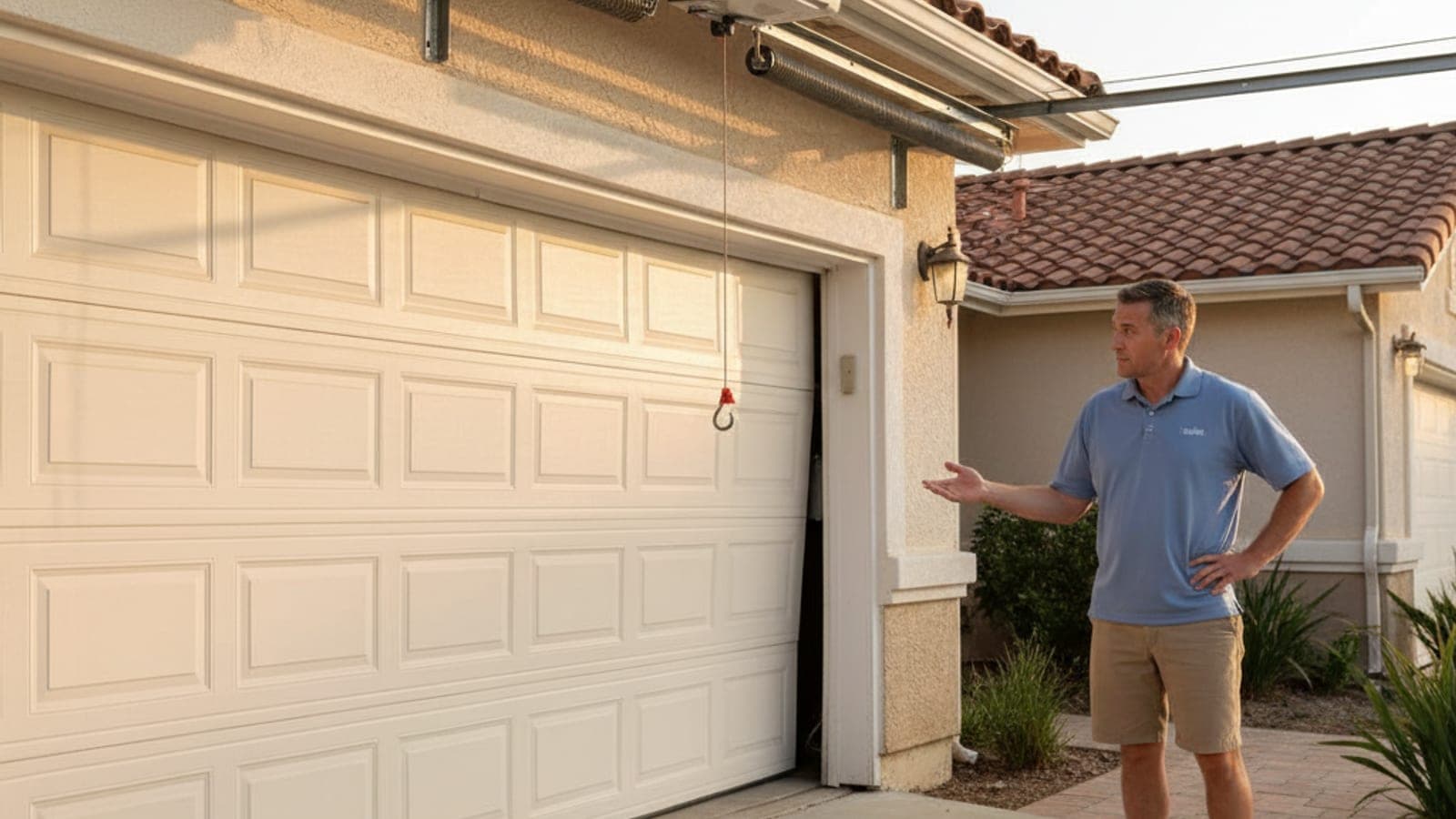 Sectional garage door stuck approximately six inches open with a cautious homeowner standing beside it in the driveway looking puzzled