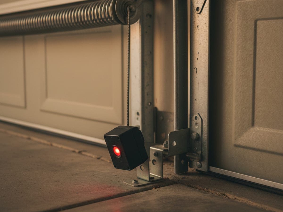 Close-up of a photo-eye garage door safety sensor mounted six inches off a garage floor showing a red LED indicator light