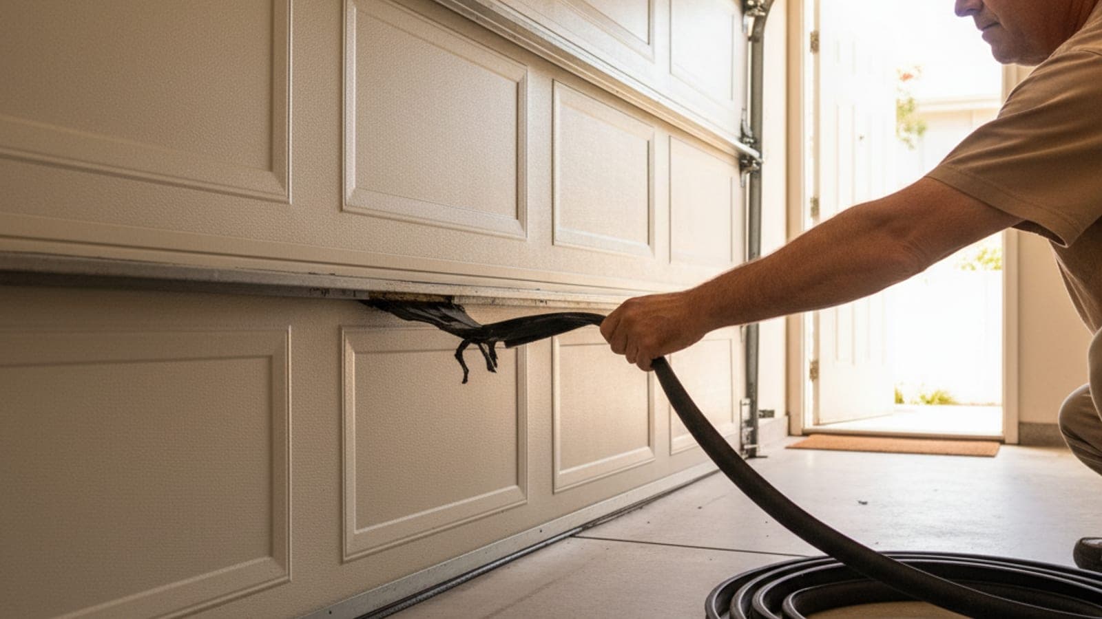Homeowner pulling an old worn rubber bottom seal out of the retainer track at the base of a garage door with a new black seal coiled nearby