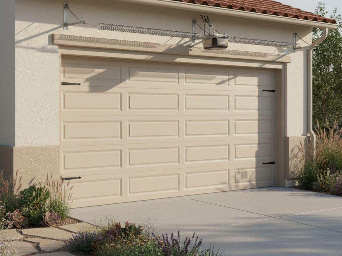 Lift Pro SD technicians in powder blue-gray polos installing a new insulated steel carriage-style garage door