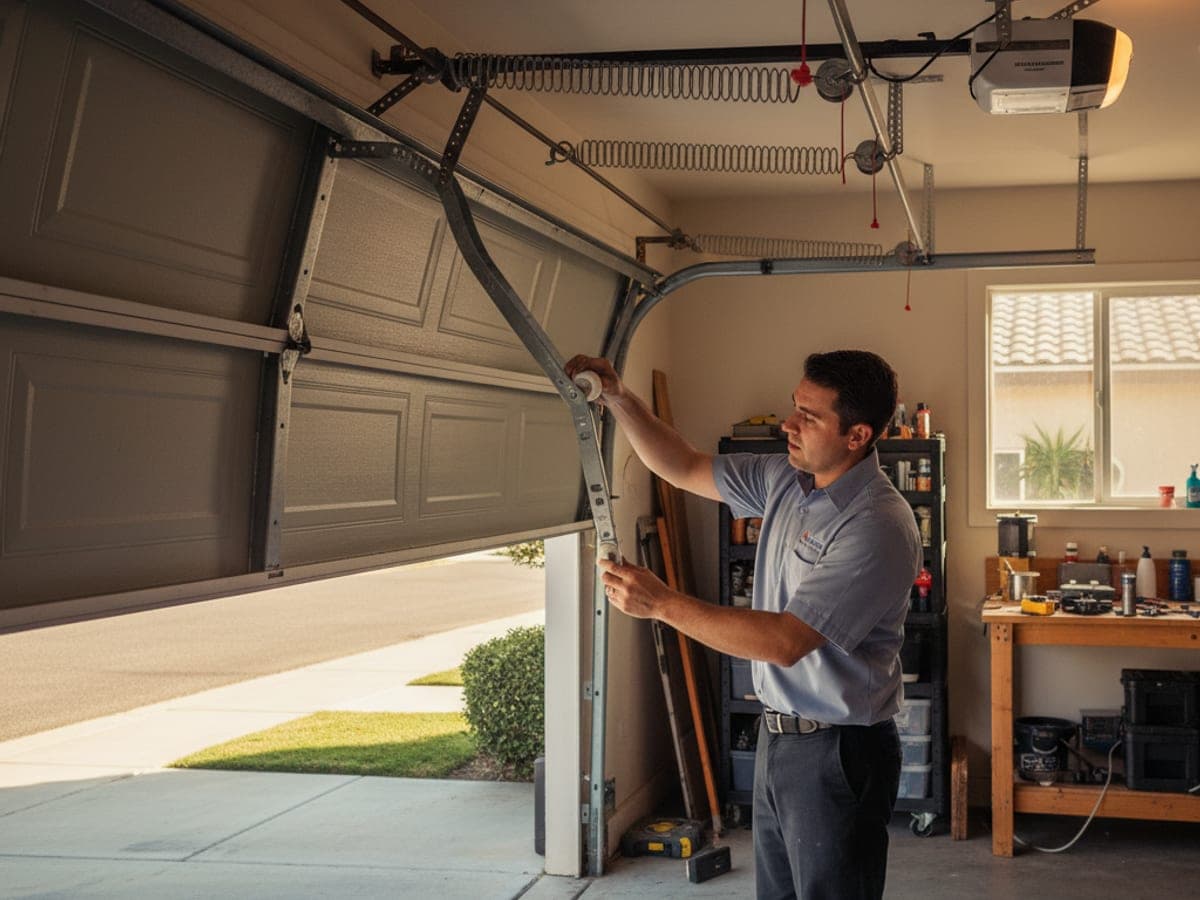 Lift Pro SD technician in a powder blue-gray polo inspecting a misaligned sectional garage door track