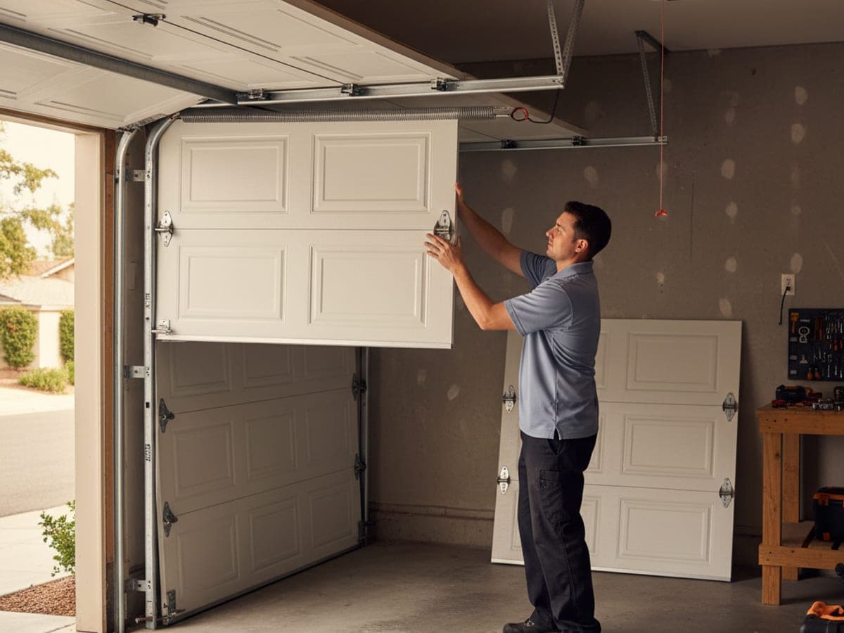 Garage door technician in a powder blue-gray polo measuring a dented lower section on a San Diego stucco home for panel replacement