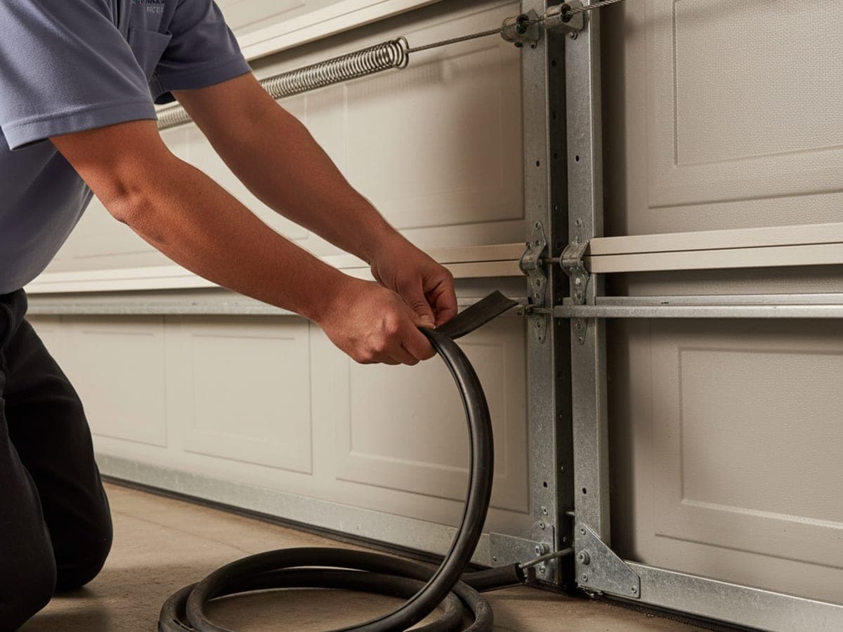 Lift Pro SD technician in a powder blue-gray polo threading a new rubber bottom U-seal into the retainer on a garage door